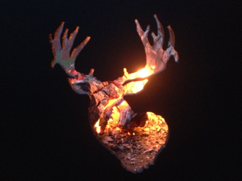 deer head silhouette filled with burning embers and logs