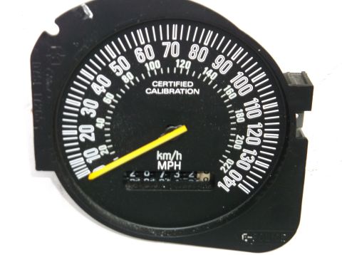 1979 Ford Ranchero - This is a close-up of a speedometer gauge, "Certified Calibration" text and a yellow needle.