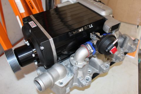2003 Ford Crown Victoria - black Kenne Bell supercharger on an aluminum manifold with ribbed snout pulley, cast inlet elbow and a round boost actuator.