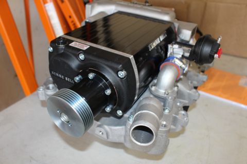 2003 Ford Crown Victoria - black Kenne Bell supercharger with a polished snout pulley, blue coupler and red-tagged actuator sits on a cast-aluminum manifold.