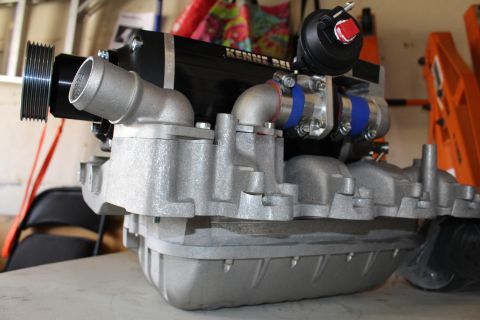 2003 Ford Crown Victoria - Kenne Bell supercharger sits atop an aluminum intake manifold with its drive pulley and a red-capped bypass valve.