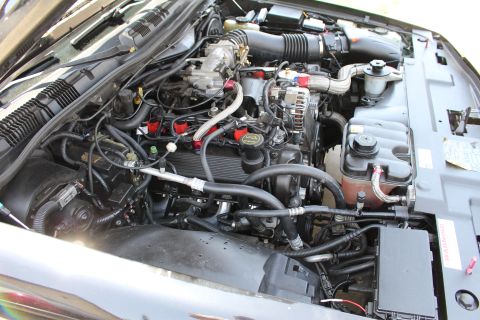 2003 Ford Crown Victoria - engine bay showing chrome intake plumbing, the throttle body, alternator and braided hoses with red fittings.
