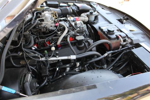 2003 Ford Crown Victoria - engine bay view showing the throttle body assembly, a coolant reservoir, braided lines and inner fender.