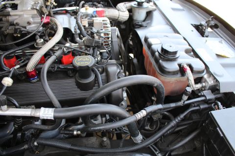 2003 Ford Crown Victoria - engine bay close-up showing a finned valve cover, braided lines, red fittings and a brake fluid reservoir.