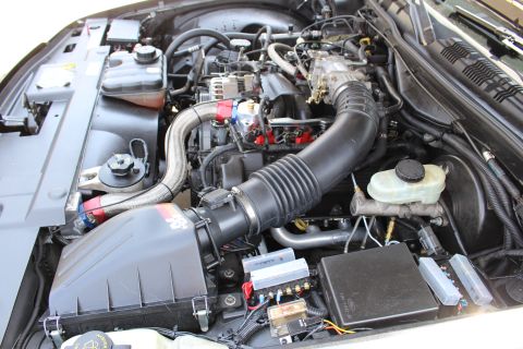 2003 Ford Crown Victoria - engine bay showing a large black intake duct, alternator, brake and coolant reservoirs and red fittings.