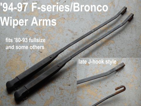 1983 Ford Bronco - J-hook Wiper Arms (original black paint) IF THE IMAGE IS TOO SMALL, click it. Sandblasted & painted arms also available.