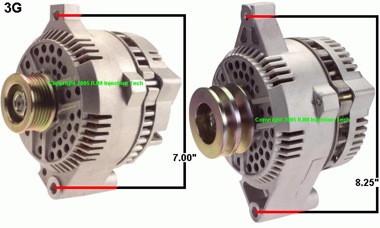 Two views of a 3G alternator with dimensions 7.00" and 8.25" marked. Copyright 2005 RJM Injection Tech and Supermotors.net logo visible