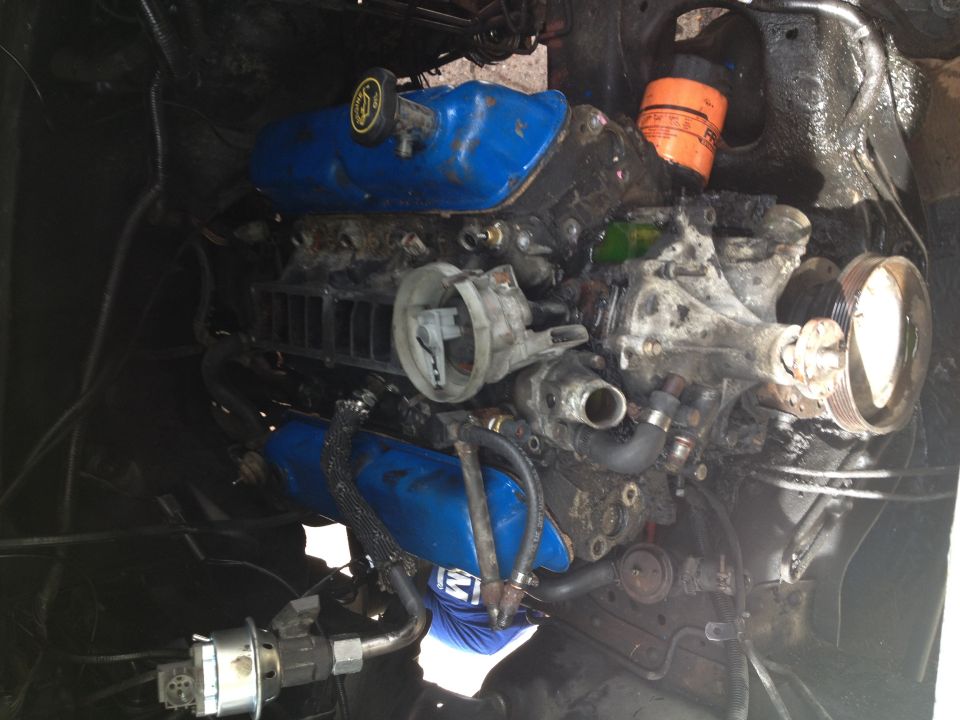 Engine with blue valve covers and an orange oil filter, viewed from above