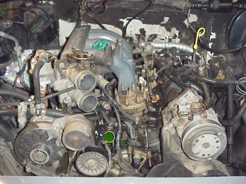 1989 Ford Bronco - Close-up view of a V8 engine, showing various components and a dirty engine bay.
