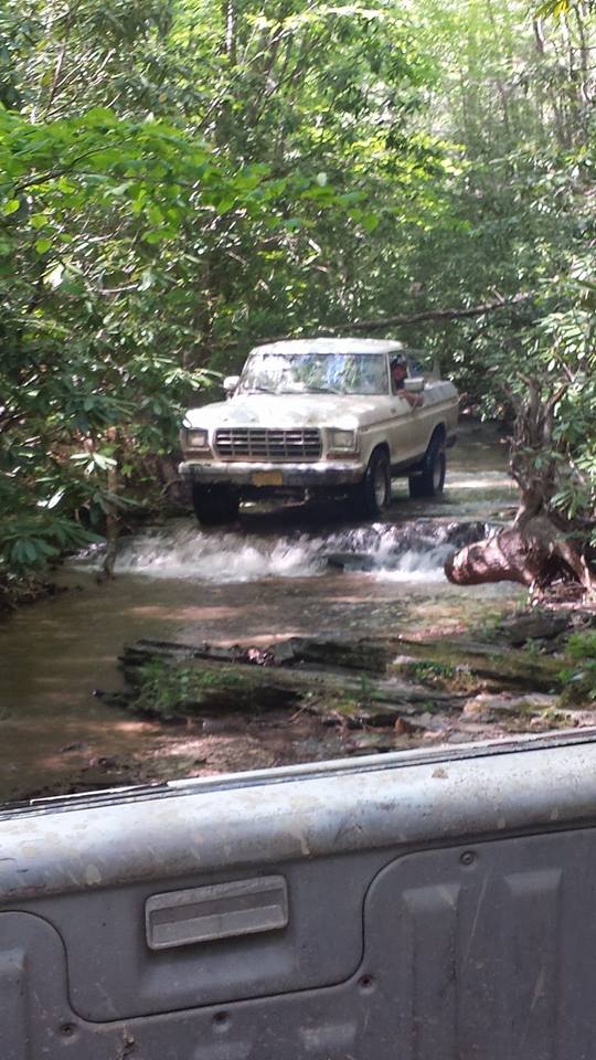 Tan 1977 Ford F-Series truck driving through a shallow stream in a wooded area