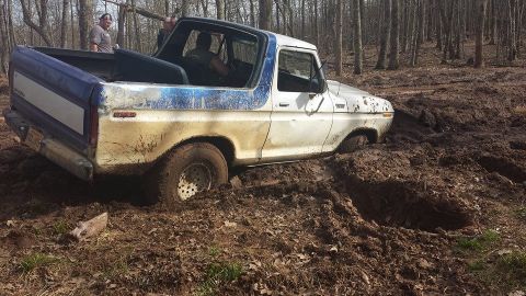 1979 Ford Bronco - This 1979 Ford Bronco is deeply stuck in the mud on a wooded trail.