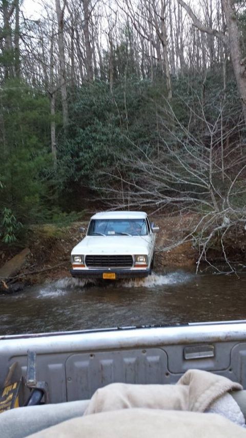 1979 Ford Bronco - A white pickup truck navigates a stream in a wooded area, its front end partially submerged in water.