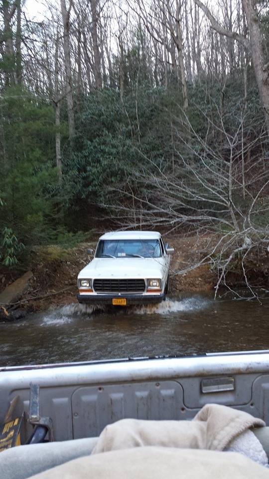 White pickup truck with a dark grille driving through a shallow stream in a wooded area