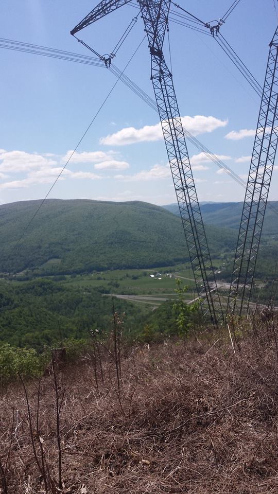 Power lines tower over a green valley under a blue sky with clouds
