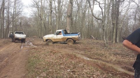1979 Ford Bronco - Two trucks navigate a muddy trail in a forest.