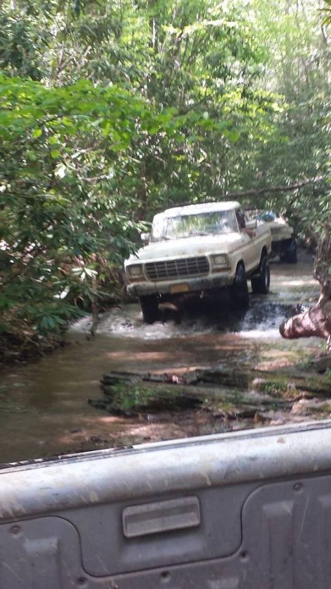 1979 Ford Bronco - White 1979 Ford F-150 pickup truck navigates a stream in a wooded area, with another vehicle following.