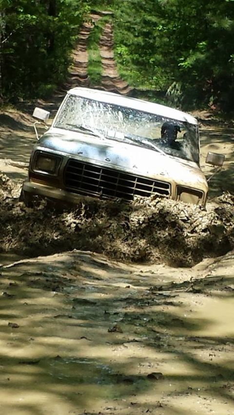 1979 Ford Bronco - A white 1978 Ford Bronco navigates a muddy trail, its front end submerged in thick mud.