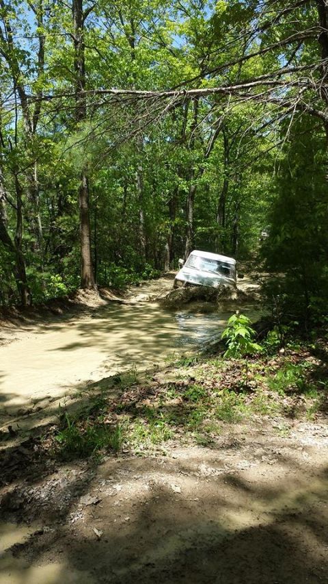1979 Ford Bronco - An off-road vehicle is submerged in a muddy water crossing on a wooded trail.