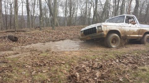 1979 Ford Bronco - A white 1979 Ford Bronco navigates a muddy trail in a forest.