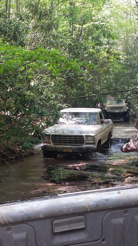 1979 Ford Bronco - A 1979 Ford F-Series pickup truck navigates a stream, with another vehicle following in the wooded terrain.