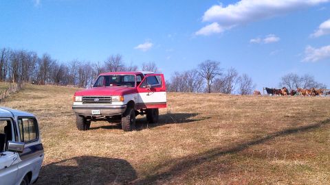 1979 Ford Bronco - A red and white pickup truck, identified as a 1987 model, sits on a dry, grassy field under a bright blue sky.