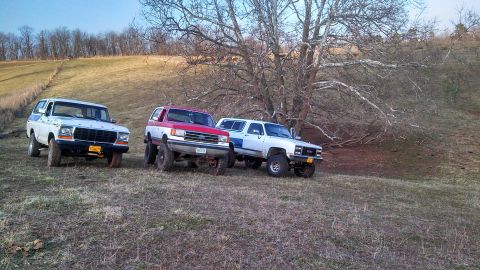 1979 Ford Bronco - Three SUVs, including a white 1979 Ford Bronco, are parked together on a dry, grassy hillside under a large, bare tree.