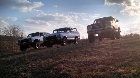 1979 Ford Bronco - Three trucks, a light blue Ford Bronco and two others, ascend a grassy incline under a partly cloudy sky.