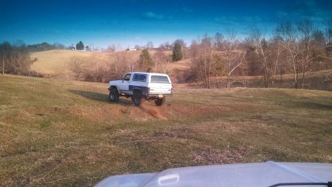 1979 Ford Bronco - SUV driving off-road on a grassy hill, kicking up dust.