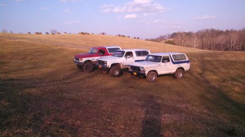 1979 Ford Bronco - Three SUVs are parked in a field under a partly cloudy sky, with a herd of deer grazing on a distant hill.
