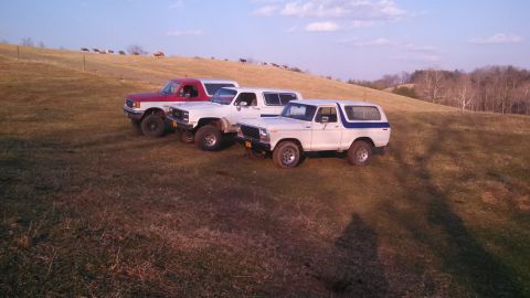 1979 Ford Bronco - Three SUVs, including a white Bronco with a blue stripe, are parked on a grassy hill under a blue sky.