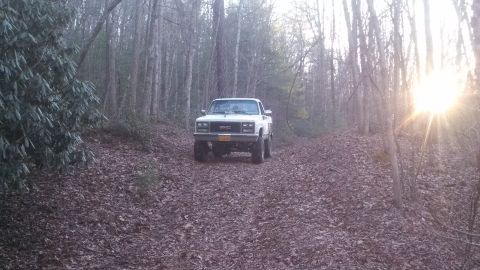 1979 Ford Bronco - A white GMC pickup truck drives down a wooded trail as the sun sets through the trees.