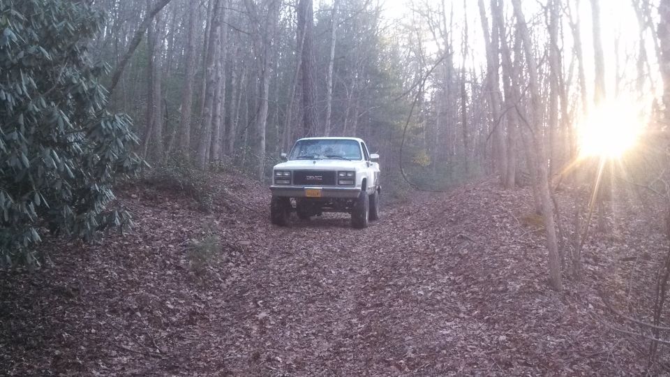 White GMC pickup truck on a leaf-covered dirt road in a forest