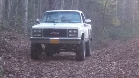 1979 Ford Bronco - A white GMC pickup truck is seen from the front on a leaf-covered dirt road surrounded by trees.