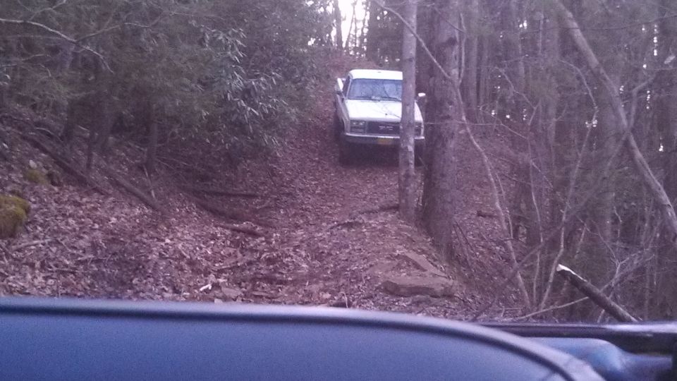 1979 Ford Bronco driving up a wooded trail