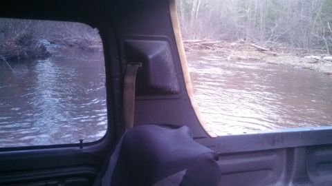 1979 Ford Bronco - The vehicle appears to be driving through a shallow body of water with trees and brush on the banks.