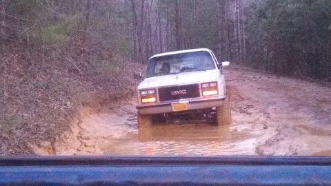1979 Ford Bronco - This GMC pickup truck is navigating a muddy path in a wooded area.