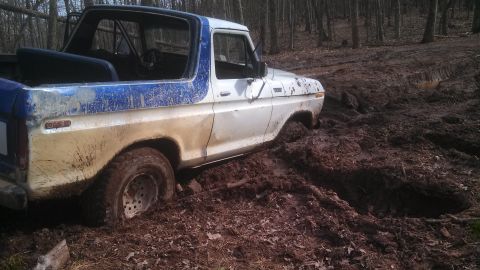 1979 Ford Bronco - This 1979 Ford Bronco is stuck deep in the mud on a wooded trail.