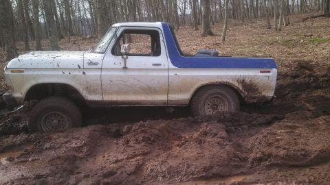 1979 Ford Bronco - Ford Bronco is stuck in the mud on a wooded trail.