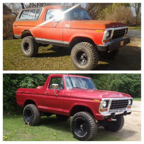 1978 Ford Bronco - Two Ford Broncos are shown, one in orange and the other in red, both lifted with off-road tires.