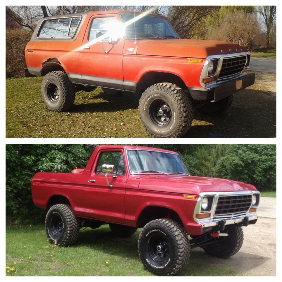 Two Ford Broncos, one orange and one red, parked outside