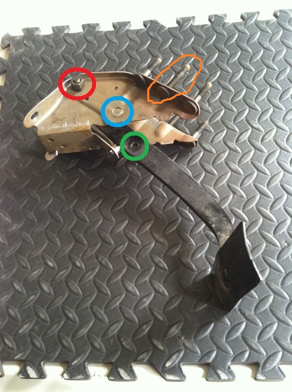 Metal brake pedal assembly with three bolts circled in red, blue, and green, and a section outlined in orange