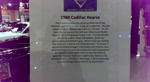 2000 Mercury Grand Marquis - Sign describes a 1989 Cadillac Hearse used in Terminator 3, acquired from the flying garage museum of Nevada.