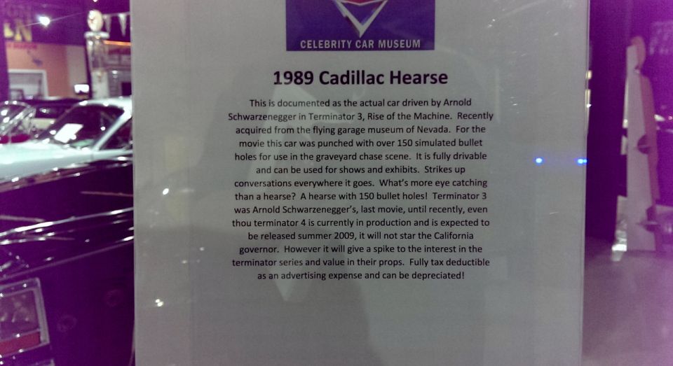 Celebrity Car Museum placard titled 1989 Cadillac Hearse from Terminator 3 with descriptive text