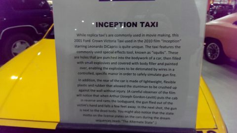 2000 Mercury Grand Marquis - Sign details the 2001 Ford Crown Victoria Taxi used in the movie 'Inception', highlighting its special effects.