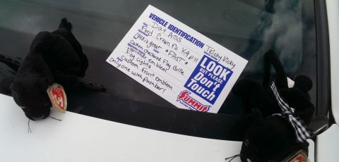 2000 Mercury Grand Marquis - A handwritten note on a car windshield details vehicle modifications and a 'Don't Touch' warning.