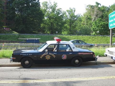 1991 Ford LTD Crown Victoria - black and white sedan lettered Highway Patrol with a red roof beacon and star emblem is parked along a tree-lined roadway.