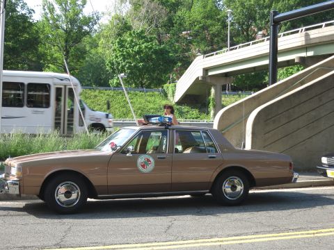 1991 Ford LTD Crown Victoria - brown four-door sedan with a star emblem and roof lightbar is parked along a roadside as a bus passes in the background.