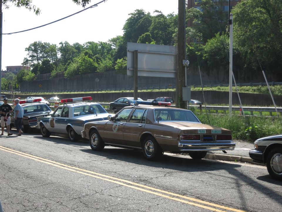 Line of vintage police cars parked along a curb by a guardrail
