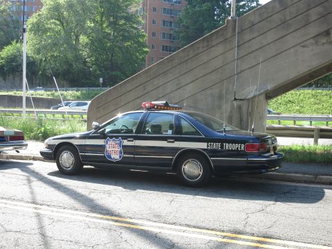 1991 Ford LTD Crown Victoria - dark blue and silver State Trooper sedan with roof lightbar and a State Patrol shield is parked on a road beneath a concrete overpass.