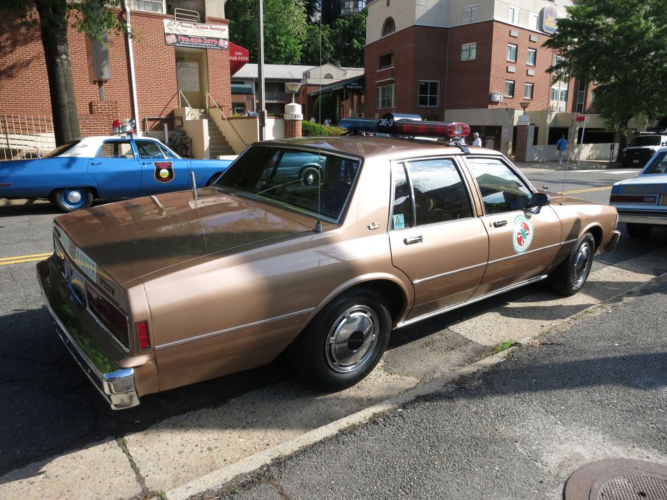 Brown police sedan with roof lightbar parked among other cars on a street